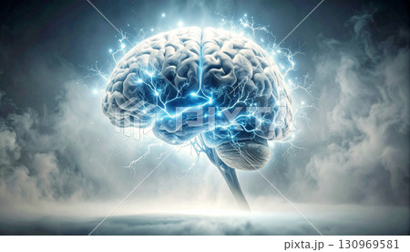 Glowing AI Brain Made of Circuit Lines on Black AI themed Background. Generated Image Glowing AI Brain Made of Circuit Lines on Black AI themed Background. Generated Image 130969581