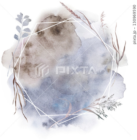 Watercolor boho autumn floral frame with dried leaves in cold winter tones, wedding illustration Watercolor boho autumn floral frame with dried leaves in cold winter tones, wedding illustration 130969590