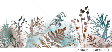 Watercolor boho autumn seamless border with dried leaves in earthy tones, wedding illustration Watercolor boho autumn seamless border with dried leaves in earthy tones, wedding illustration 130969591