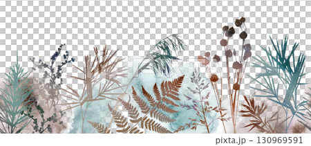 Watercolor boho autumn seamless border with dried leaves in earthy tones, wedding illustration Watercolor boho autumn seamless border with dried leaves in earthy tones, wedding illustration 130969591