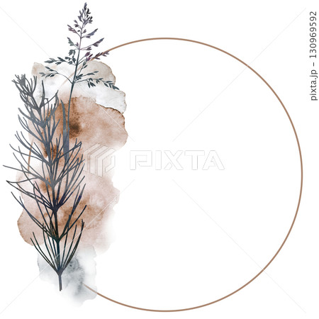 Watercolor boho autumn floral frame with dried leaves in earthy tones, wedding illustration 130969592