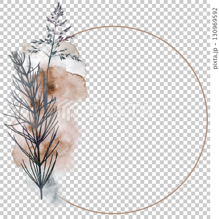 Watercolor boho autumn floral frame with dried leaves in earthy tones, wedding illustration 130969592