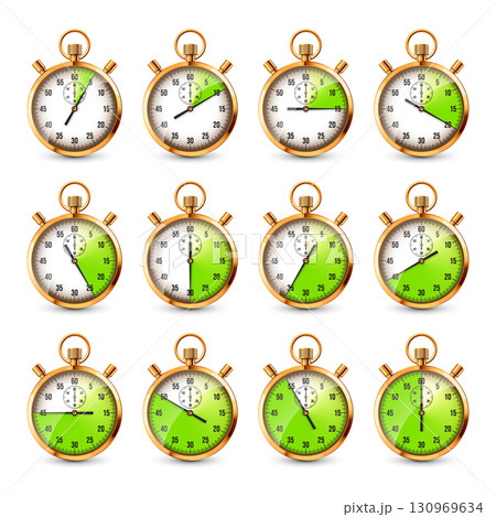 Realistic classic stopwatch. Shiny golden metal chronometer, time counter with dial. Green countdown timer showing minutes and seconds. Time measurement for sport, start, finish. Vector illustration 130969634