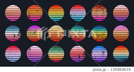 Grunge vintage colorful sunset. Striped gradient sunrise badges in 80s and 90s style. Sun and ocean view, summer vibes, surfing. Design element for print, logo or t-shirt. Vector illustration Grunge vintage colorful sunset. Striped gradient sunrise badges in 80s and 90s style. Sun and ocean view, summer vibes, surfing. Design element for print, logo or t-shirt. Vector illustration 130969639