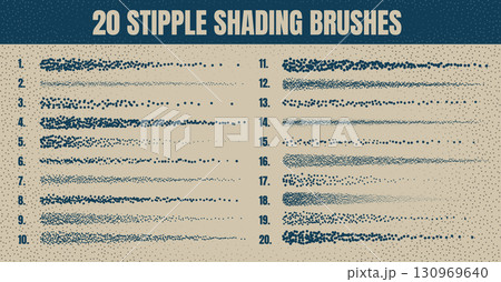 Ink scatter brush, stipple drawing and texturing. Fading gradient. Stippling, dotwork drawing, shading using dots. Halftone disintegration effect. White noise grainy texture. Vector illustration Ink scatter brush, stipple drawing and texturing. Fading gradient. Stippling, dotwork drawing, shading using dots. Halftone disintegration effect. White noise grainy texture. Vector illustration 130969640