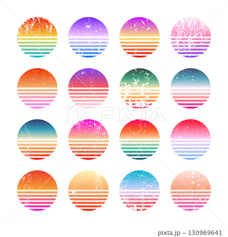 Grunge vintage colorful sunset. Striped gradient sunrise badges in 80s and 90s style. Sun and ocean view, summer vibes, surfing. Design element for print, logo or t-shirt. Vector illustration Grunge vintage colorful sunset. Striped gradient sunrise badges in 80s and 90s style. Sun and ocean view, summer vibes, surfing. Design element for print, logo or t-shirt. Vector illustration 130969641