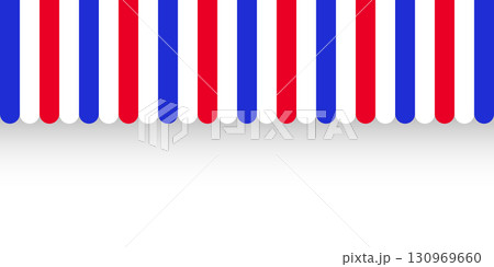 Shop sunshade. Realistic striped cafe awning. Outdoor market tent. Roof canopy in French flag colors. Summer street store. Vector illustration. 130969660