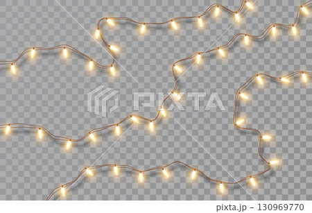 Bright electric garlands with yellow light bulbs. Christmas lights isolated on transparent background. Vector holiday decorations with glowing lights for Christmas, New Year, party, event Bright electric garlands with yellow light bulbs. Christmas lights isolated on transparent background. Vector holiday decorations with glowing lights for Christmas, New Year, party, event 130969770