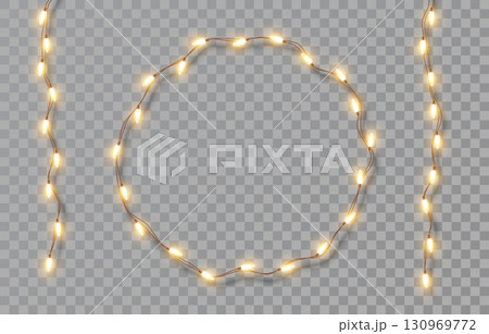 Round garland of bright Christmas lights. Festive bright lights on dangling string of yellow light bulbs on transparent background. Vector New Year party led lamps decoration, holiday design, event Round garland of bright Christmas lights. Festive bright lights on dangling string of yellow light bulbs on transparent background. Vector New Year party led lamps decoration, holiday design, event 130969772