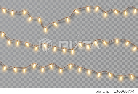Glowing fairy Christmas garlands string with yellow light bulbs isolated on transparent background. Holiday decorations with glowing lights for Christmas, New Year, party, event. Vector illustration 130969774