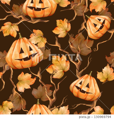 Seamless hand-drawn Halloween pattern of carved jack-o'-lanterns, autumnal leaves, and branches on a dark brown background 130969794