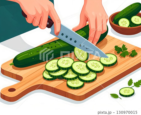 キュウリを切る女性の手 130970015