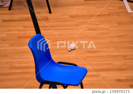 Chair in the badminton court. No people in the badminton court, sports center. Sports and recreation concept. 130970173