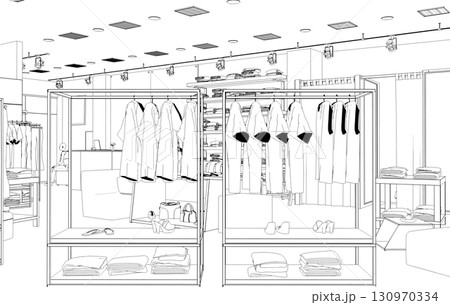 shopping mall, contour visualization, 3D illustration, sketch, outline 130970334