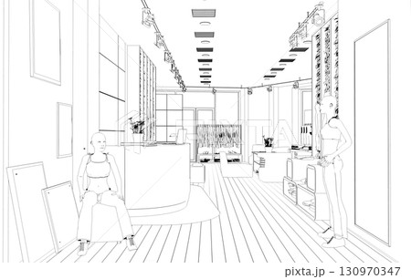 shopping mall, contour visualization, 3D illustration, sketch, outline 130970347