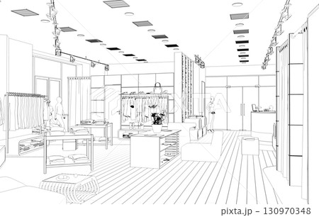 shopping mall, contour visualization, 3D illustration, sketch, outline 130970348