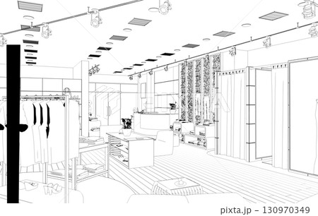 shopping mall, contour visualization, 3D illustration, sketch, outline 130970349