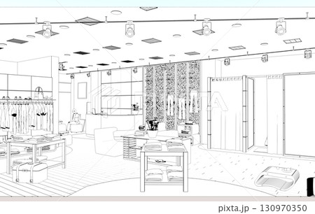shopping mall, contour visualization, 3D illustration, sketch, outline 130970350