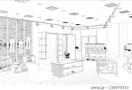 shopping mall, contour visualization, 3D illustration, sketch, outline 130970353