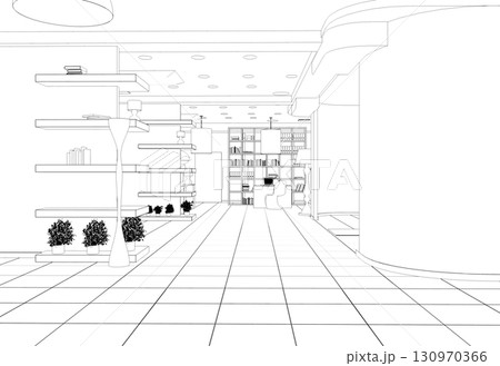 shopping mall, contour visualization, 3D illustration, sketch, outline 130970366