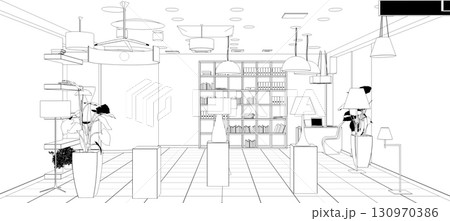 shopping mall, contour visualization, 3D illustration, sketch, outline 130970386