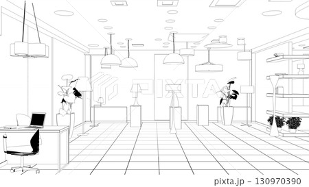 shopping mall, contour visualization, 3D illustration, sketch, outline 130970390