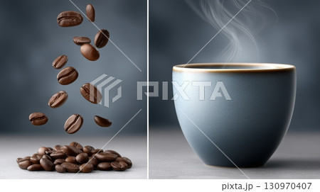 Coffee beans floating above a cup, illustrating brewing process and aroma 130970407