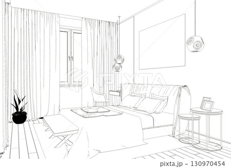 interior contour visualization, 3D illustration, sketch, outline interior contour visualization, 3D illustration, sketch, outline 130970454