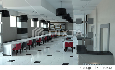 restaurant, interior visualization, 3D illustration restaurant, interior visualization, 3D illustration 130970638