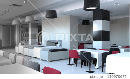restaurant, interior visualization, 3D illustration restaurant, interior visualization, 3D illustration 130970675