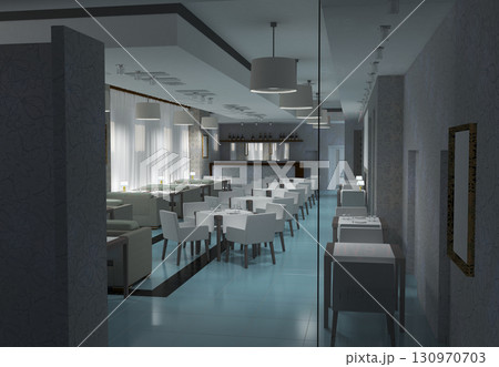 restaurant, interior visualization, 3D illustration restaurant, interior visualization, 3D illustration 130970703