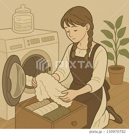 洗濯物をきれいにたたんで収納する女性の家事シーン　Generative AI 130970782