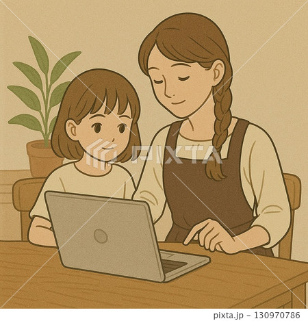 ノートパソコンで作業をする女性と子ども　Generative AI 130970786