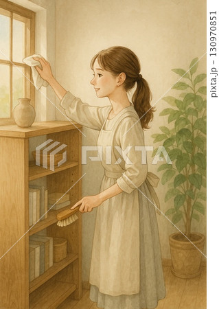 窓ガラスを拭いている女性　Generative AI 130970851