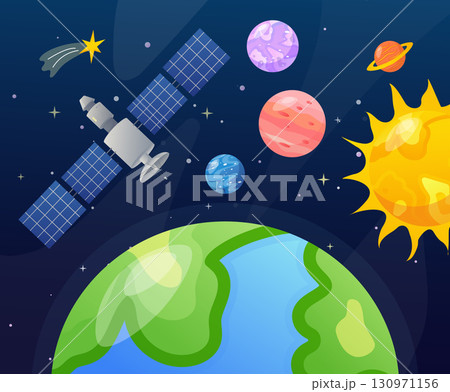 Satellite orbiting Earth, Sun, planets and shooting star in space Satellite orbiting Earth, Sun, planets and shooting star in space 130971156