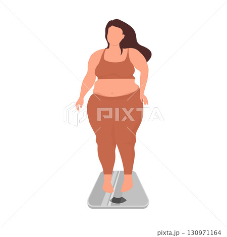 Overweight woman checking weight on digital scale, weight control and diet concept 130971164