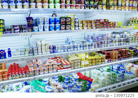 Shop of dairy products. Wide choice of milky goods 130971225