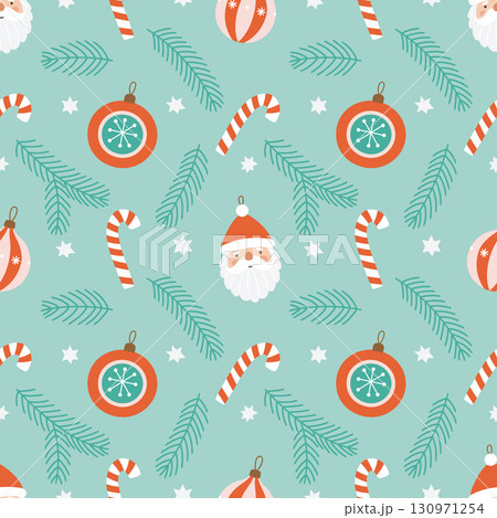 Seamless christmas pattern with santa claus and ornaments on mint background 130971254