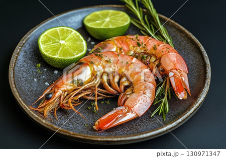Fresh Shrimp Served on a Black Plate With Lime and Herbs for a Vibrant Culinary Experience. 130971347