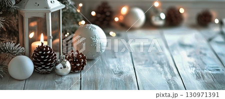 Beautiful Winter Scene With Pinecones and Ornaments Arranged on Rustic Wooden Table. Beautiful Winter Scene With Pinecones and Ornaments Arranged on Rustic Wooden Table. 130971391