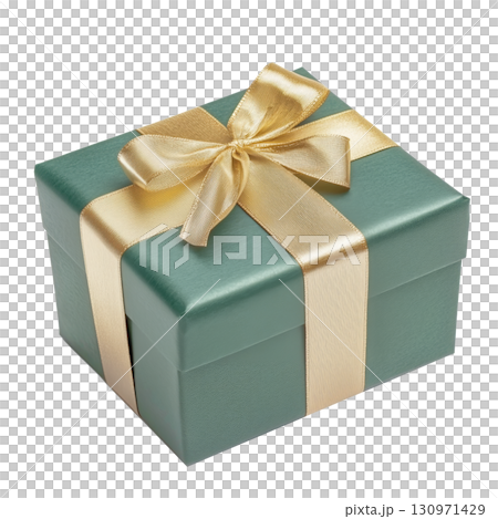 Gift Box Wrapped in Green With Gold Ribbon on a White Background for Special Occasions Gift Box Wrapped in Green With Gold Ribbon on a White Background for Special Occasions 130971429