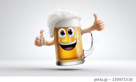 Cheerful animated beer mug with arms and a smile giving thumbs up 130971516