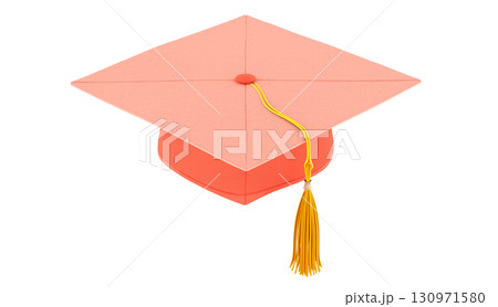 Coral graduation cap, academic mortarboard with yellow tassel. 3D rendering Coral graduation cap, academic mortarboard with yellow tassel. 3D rendering 130971580
