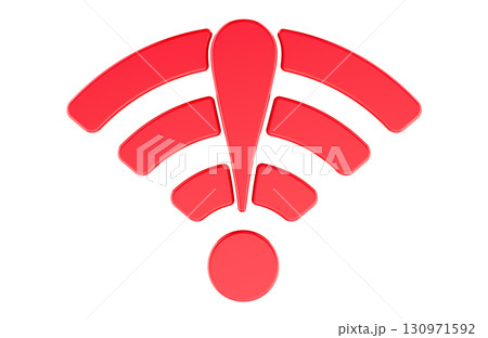 Red Wi-Fi symbol with exclamation mark in the center, representing wireless network problem, connection error or internet outage. 3D rendering Red Wi-Fi symbol with exclamation mark in the center, representing wireless network problem, connection error or internet outage. 3D rendering 130971592