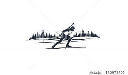 Biathlon winter sports, cross country skiing logo. Minimalistic simplistic illustration of a biathlete skier and has a rifle. 130971602