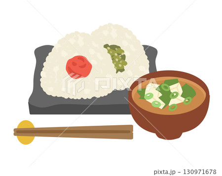 梅と高菜おにぎりの定食　イラスト 130971678