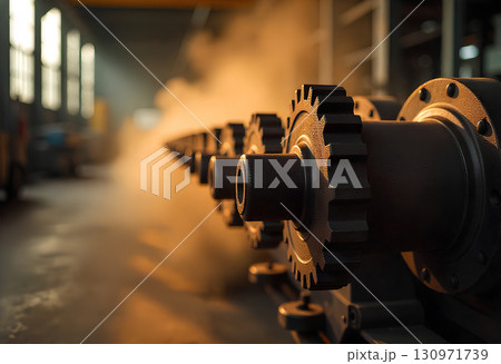 old vintage gears kept in a factory with a smoke in the background 130971739