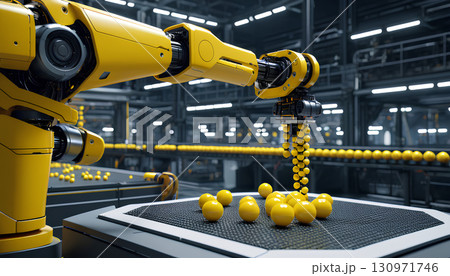 yellow robot arm working in the factory 130971746