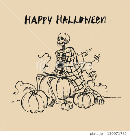 Vector Halloween card with black skeleton on the pumpkins. Hand painted holiday template isolated on beige background. Illustration for design, print or background. Halloween poster. Vector Halloween card with black skeleton on the pumpkins. Hand painted holiday template isolated on beige background. Illustration for design, print or background. Halloween poster. 130971783