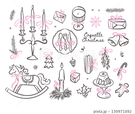 Christmas diner Collection of holiday whimsical illustrations - vintage xmas dishes and candlesticks with retro bows and ribbons, candles, gifts, glasses, Christmas toys. Vintage coquette vector Christmas diner Collection of holiday whimsical illustrations - vintage xmas dishes and candlesticks with retro bows and ribbons, candles, gifts, glasses, Christmas toys. Vintage coquette vector 130971892